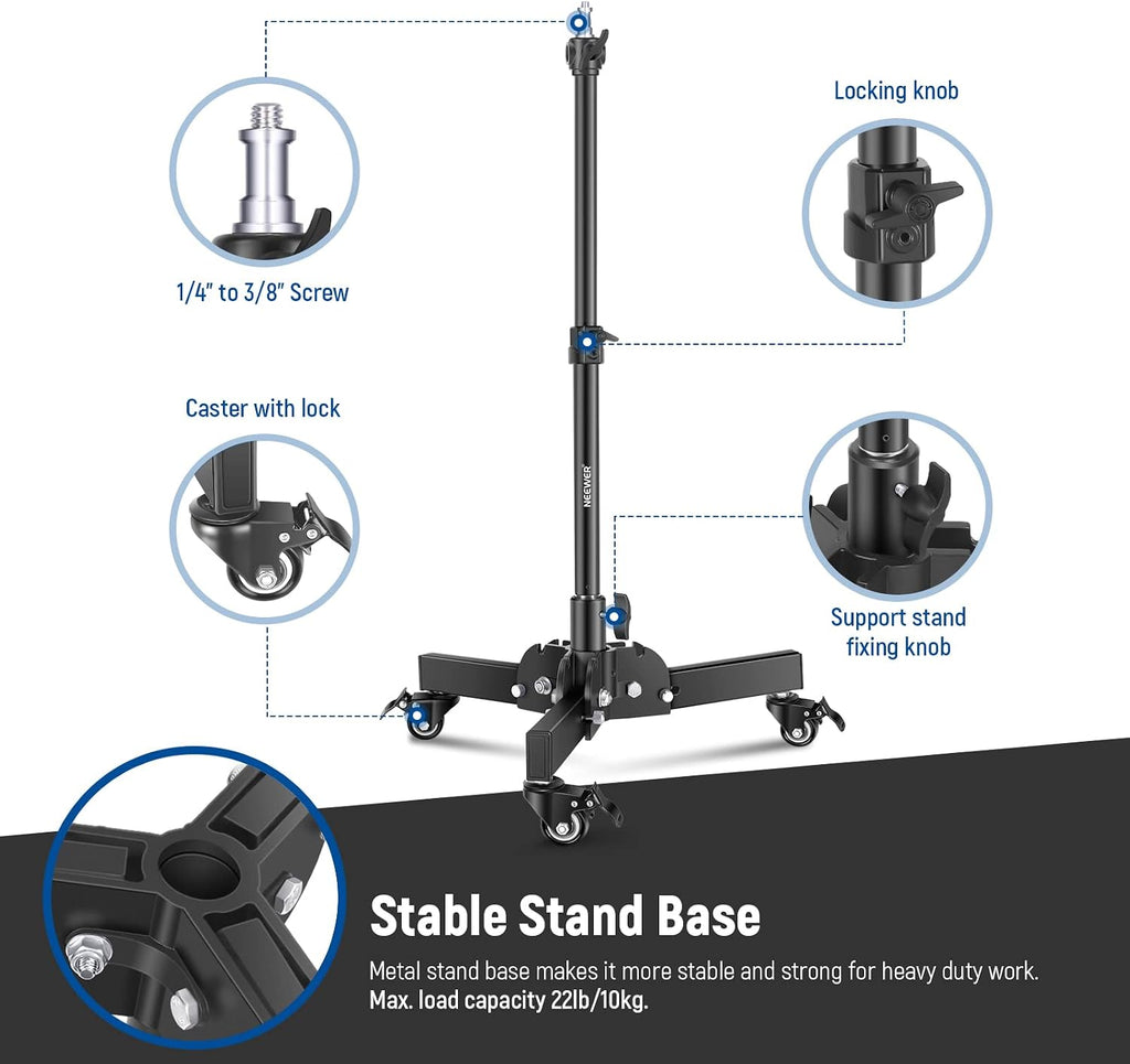 NEEWER Pack of 2 Heavy Duty Light Stands with Wheels, 2.4 Feet Max. Height, Foldable Tripod for Low Angle Shooting, Lighting Stand for Softbox, Monolight and Other Photography Equipment, ST72