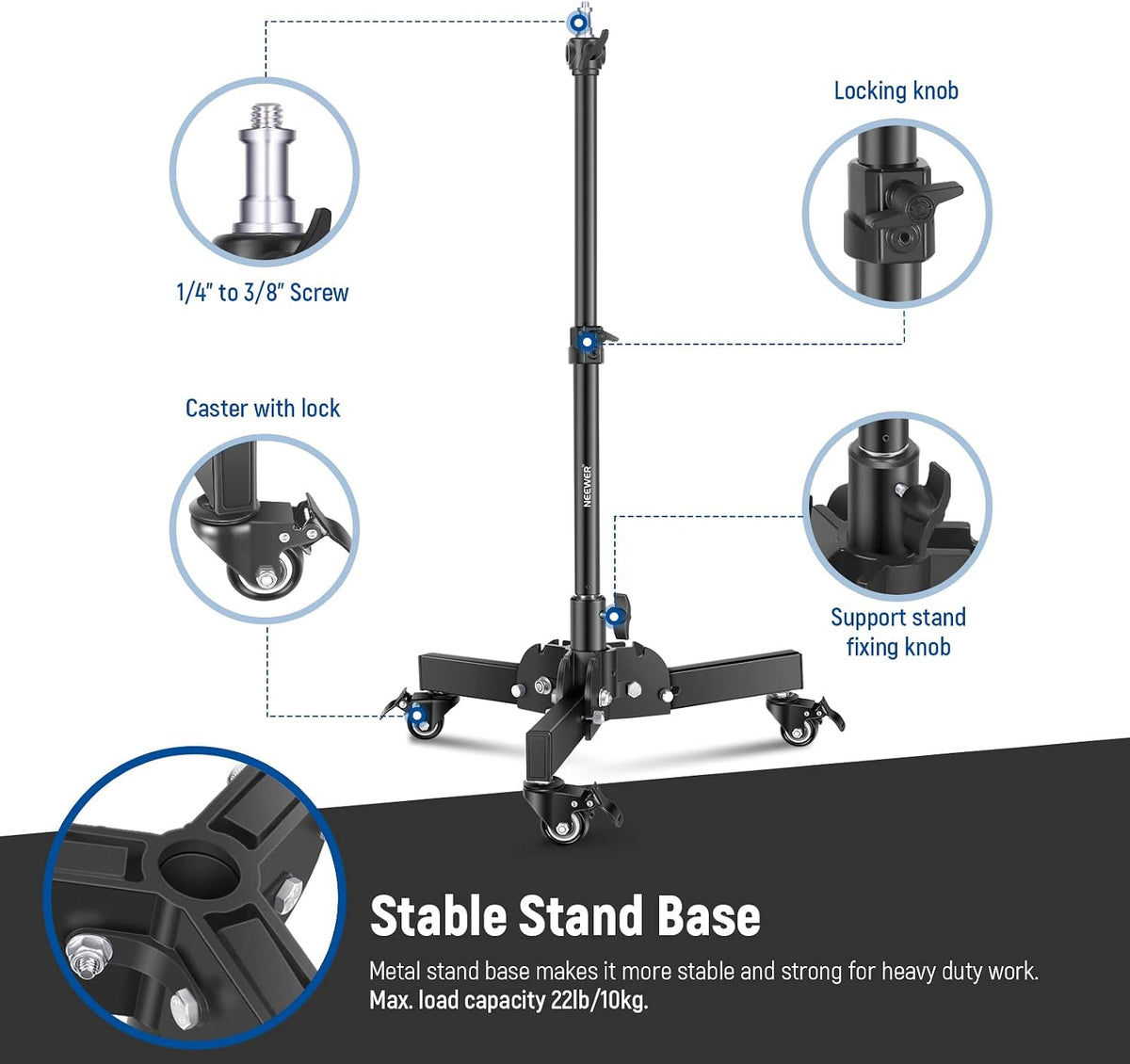 NEEWER Pack of 2 Heavy Duty Light Stands with Wheels, 2.4 Feet Max. Height, Foldable Tripod for Low Angle Shooting, Lighting Stand for Softbox, Monolight and Other Photography Equipment, ST72