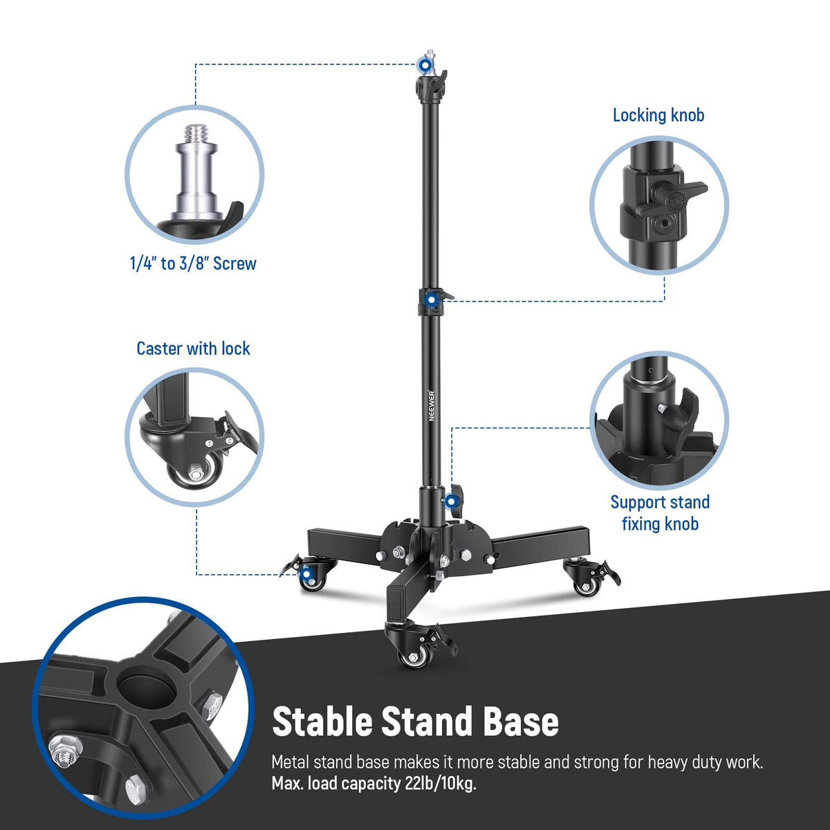 NEEWER Pack of 2 Heavy Duty Light Stands with Wheels, 2.4 Feet Max. Height, Foldable Tripod for Low Angle Shooting, Lighting Stand for Softbox, Monolight and Other Photography Equipment, ST72