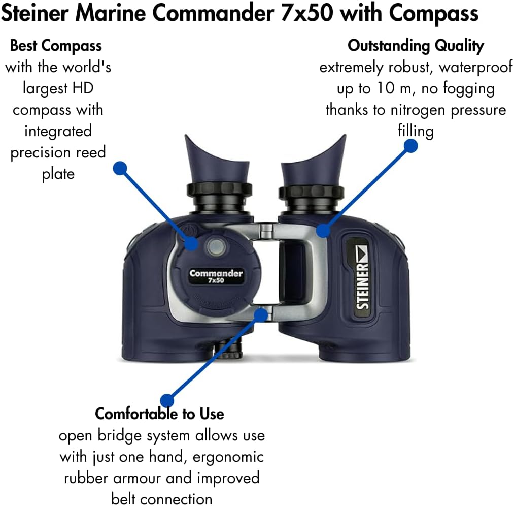 Steiner Optics Commander 7x50 Marine Binoculars with Integrated HD-Stabilized Compass â Professional Waterproof Boating Optics with Sports-Auto-Focus - German Qaulity and Heritage Warranty.