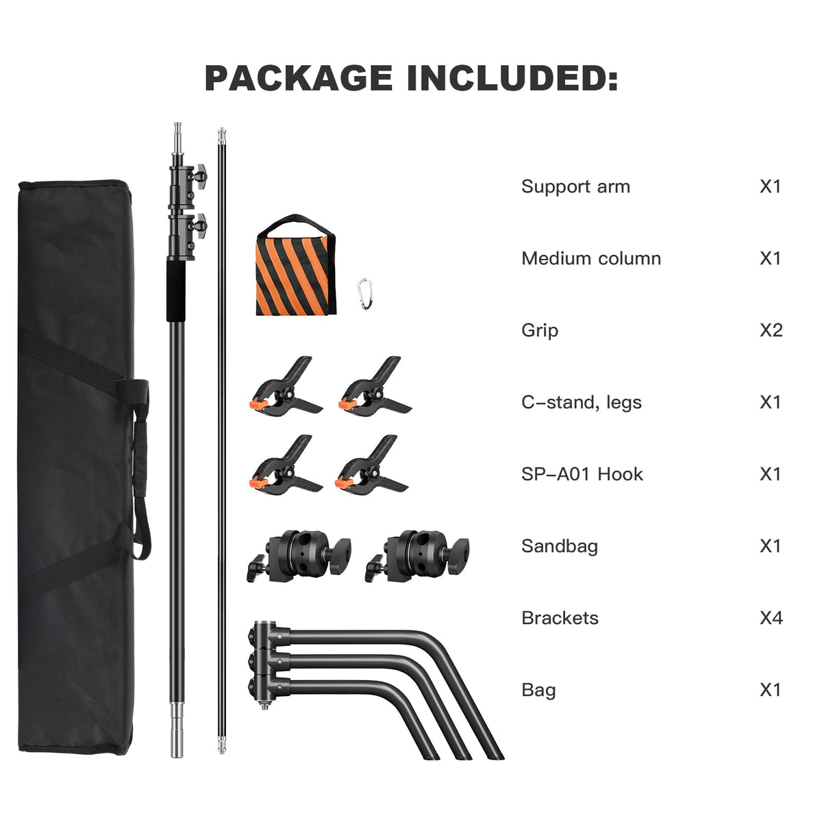 2 Pack Stainless Steel Photography Light Stand 6.9ft/210cm with Holding Arm Sandbag Grip Head Heavy Duty C Stand Sturdy for Photography Studio Video Monolight Softbox Shooting?Black?