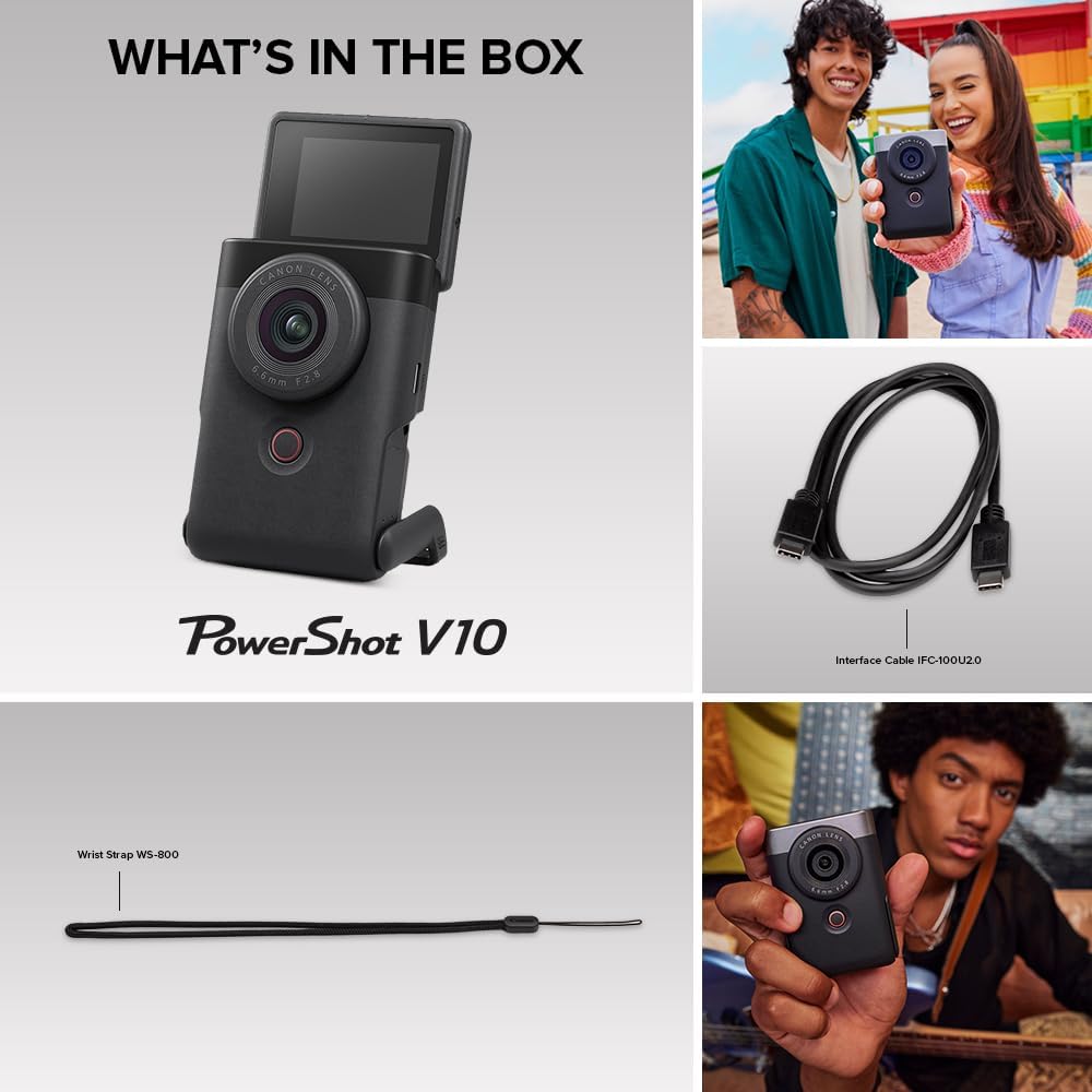 Canon PowerShot V10 Compact Vlogging Camera, 1" CMOS Sensor, 4K Video Streaming, Builtâin WideâAngle Zoom Lens, FlipâLCD & Stereo Mic, Image Stabilization, Creator Studio in Your Pocket, Black