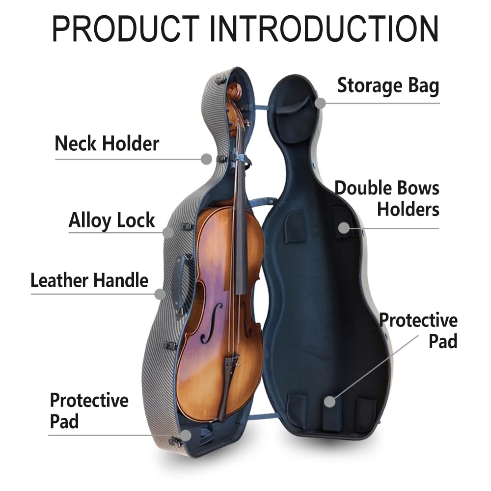 Vetimobato Carbon Fiber Cello Case 4/4 Full Size Strong & Ultralight Hard Shell Travel Case with Built-in Handle Wheels Backpack Straps Bow Holders Cello Box for Professional Cellists (Dark Green)