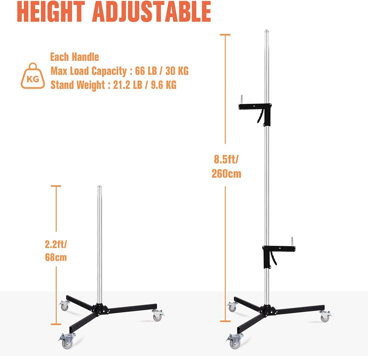 Heavy Duty Light Stand with Casters, Wheeled Photography Pistol Grip Stand with 2 Grips, 8.5FT Adjustable Steel Light Stand with 1/4" 3/8â 5/8" Screw for Studio Camera, Monolight, Softbox, Umbrella