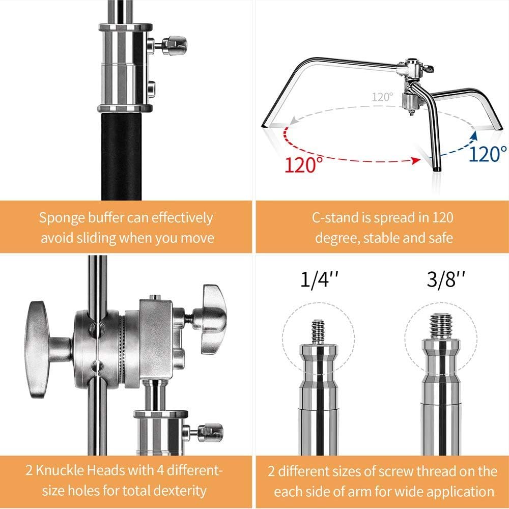 ShowMaven 2 Packs Heavy Duty C-Stand Light Stand with 4ft/120cm Holding Arm & Grip Heads for Studio Video Reflector, Monolight and Other Photographic Equipment