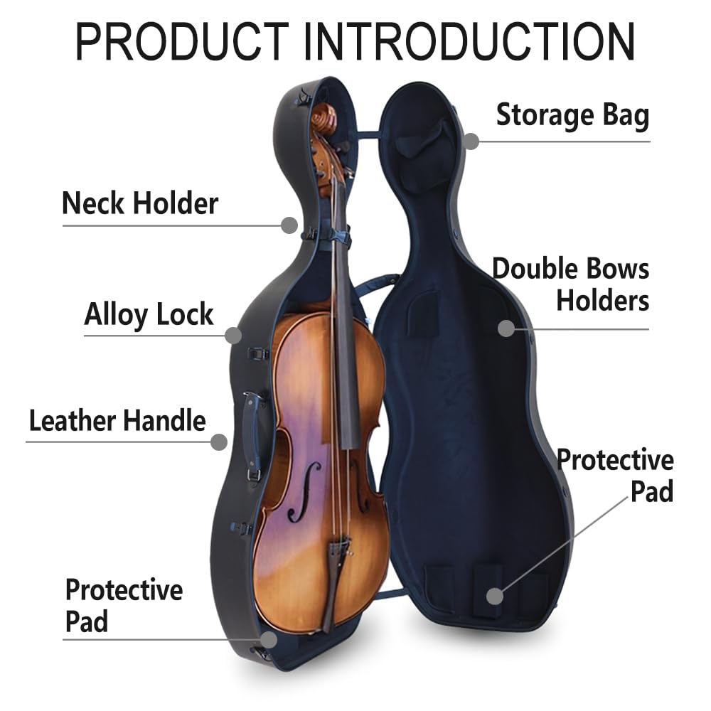 Vetimobato Carbon Fiber Cello Case 4/4 Full Size Strong & Ultralight Hard Shell Travel Case with Built-in Handle Wheels Backpack Straps Bow Holders Cello Box for Professional Cellists (Dark Green)