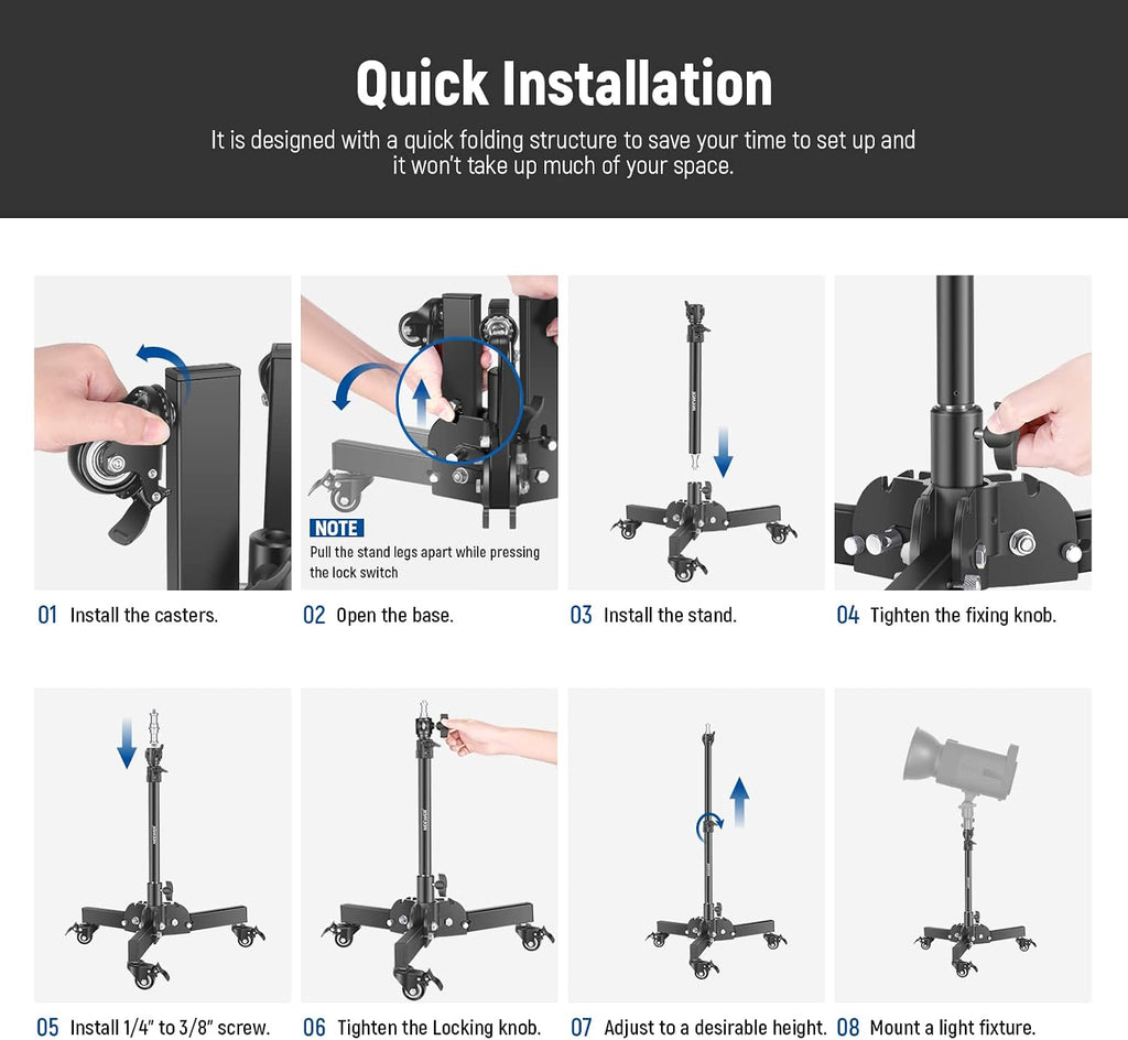 NEEWER Pack of 2 Heavy Duty Light Stands with Wheels, 2.4 Feet Max. Height, Foldable Tripod for Low Angle Shooting, Lighting Stand for Softbox, Monolight and Other Photography Equipment, ST72
