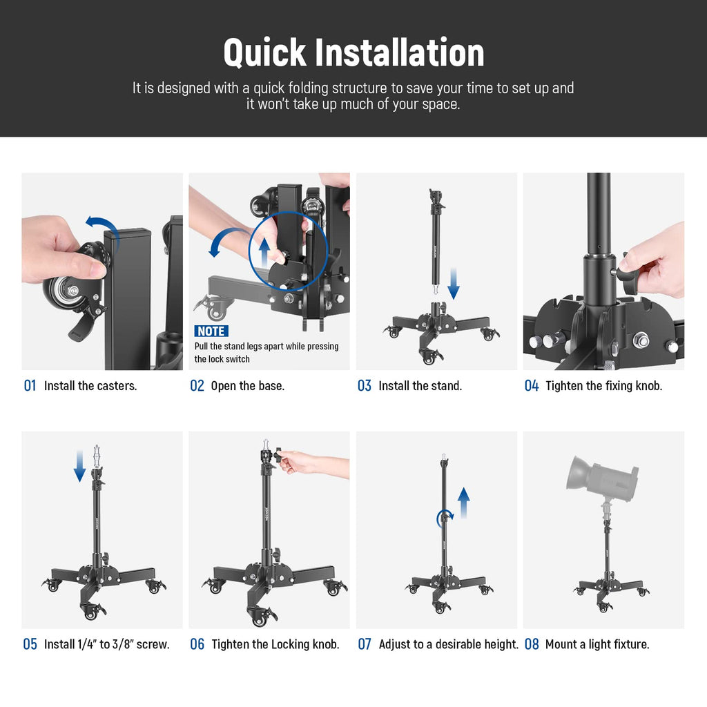 NEEWER Pack of 2 Heavy Duty Light Stands with Wheels, 2.4 Feet Max. Height, Foldable Tripod for Low Angle Shooting, Lighting Stand for Softbox, Monolight and Other Photography Equipment, ST72