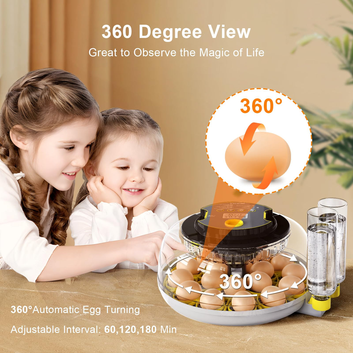 IBKINXX Incubator for Hatching Eggs-48 Egg Capacity, 2026 Newly Upraded Auto Egg Turner & Auto Precision Humidity Control System, 360Â° Clear Viewing for Chicken, Duck and Quail Eggs (Yellow)