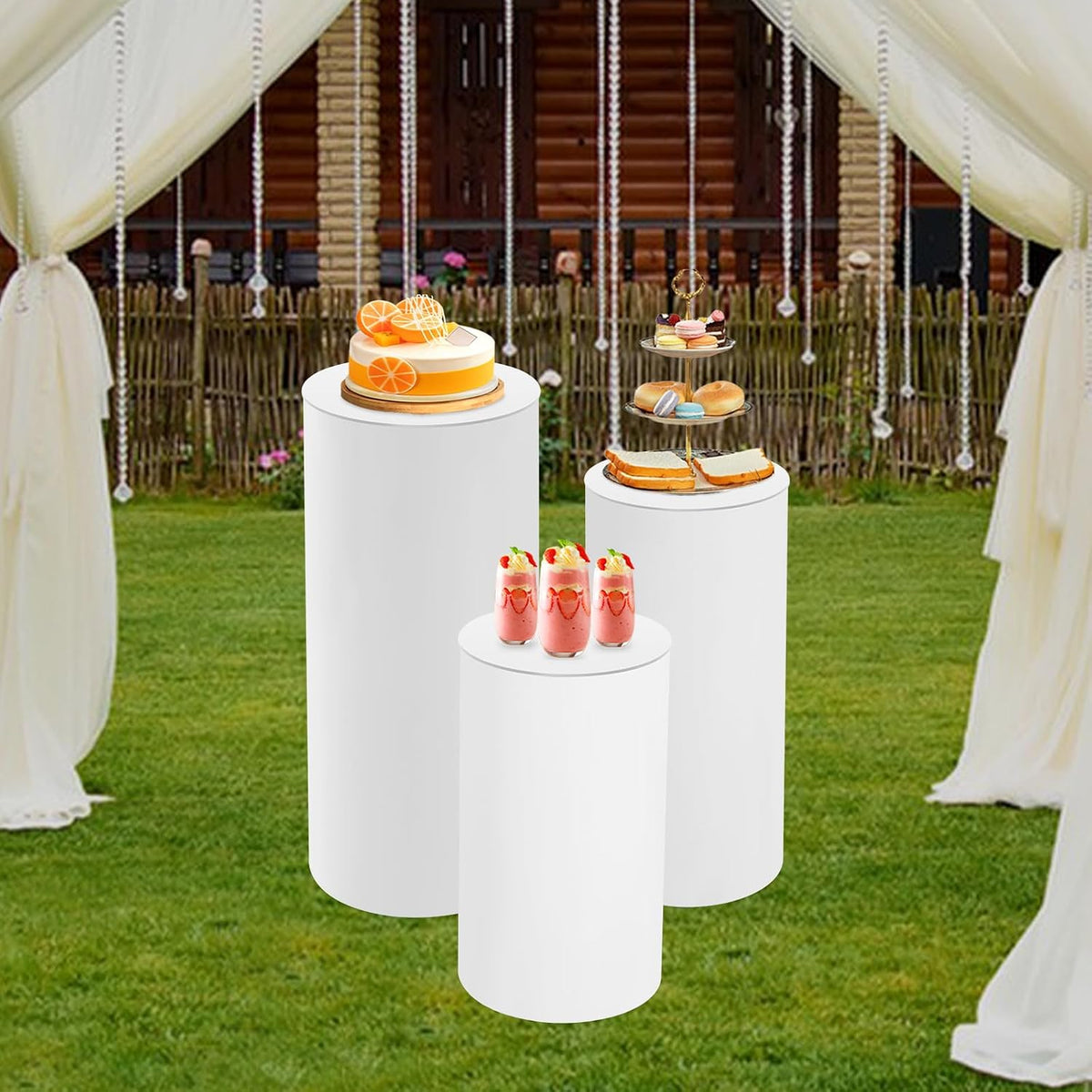 3Pcs Cylinder Pedestal Stand, PVC Acrylic Round Cylinder Stands for Party Decor 23.6 + 29.5 + 35.4 Inch Tall Cylinder Stand Pedestal Display for Birthday Wedding Party, White