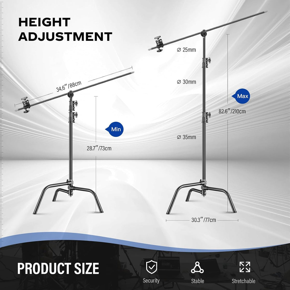 2 Pack Stainless Steel Photography Light Stand 6.9ft/210cm with Holding Arm Sandbag Grip Head Heavy Duty C Stand Sturdy for Photography Studio Video Monolight Softbox Shooting?Black?