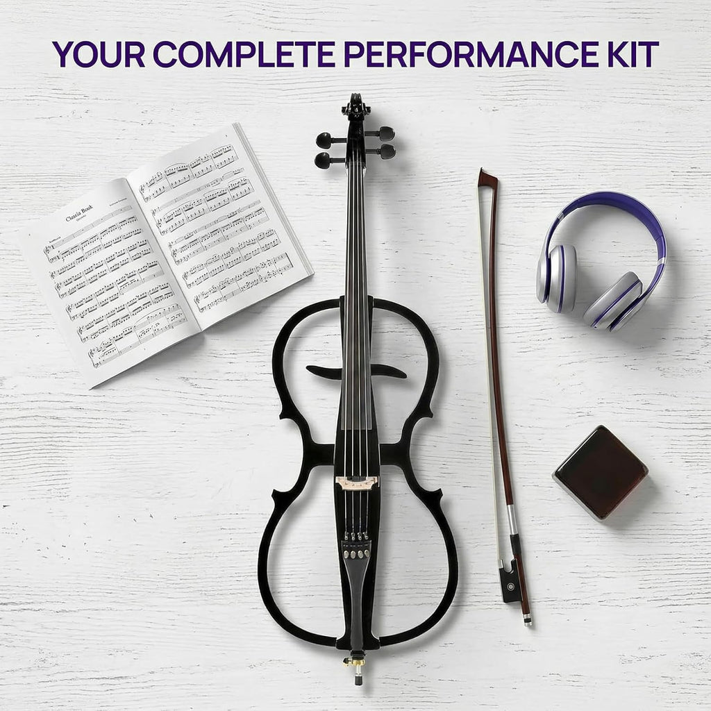 Electric Cello 4/4 Full Size Ebony Fittings with Lightweight Cello Bag, Headphones, Bow, Bridge, Rosin, Cello for Beginners Adults(Metallic Black)