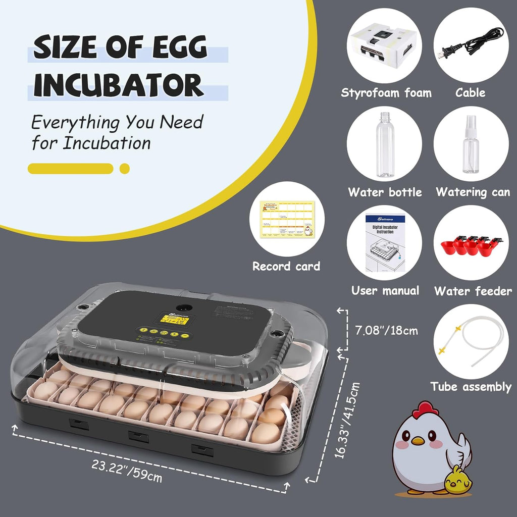 Sailnovo Incubators for Hatching Eggs 70 Egg Incubator with Auto Egg Turning and Auto Humidification, Temperature Control, Incubator for Chicken Duck Quail Eggs, Perfect for Lab School Farm, Grey