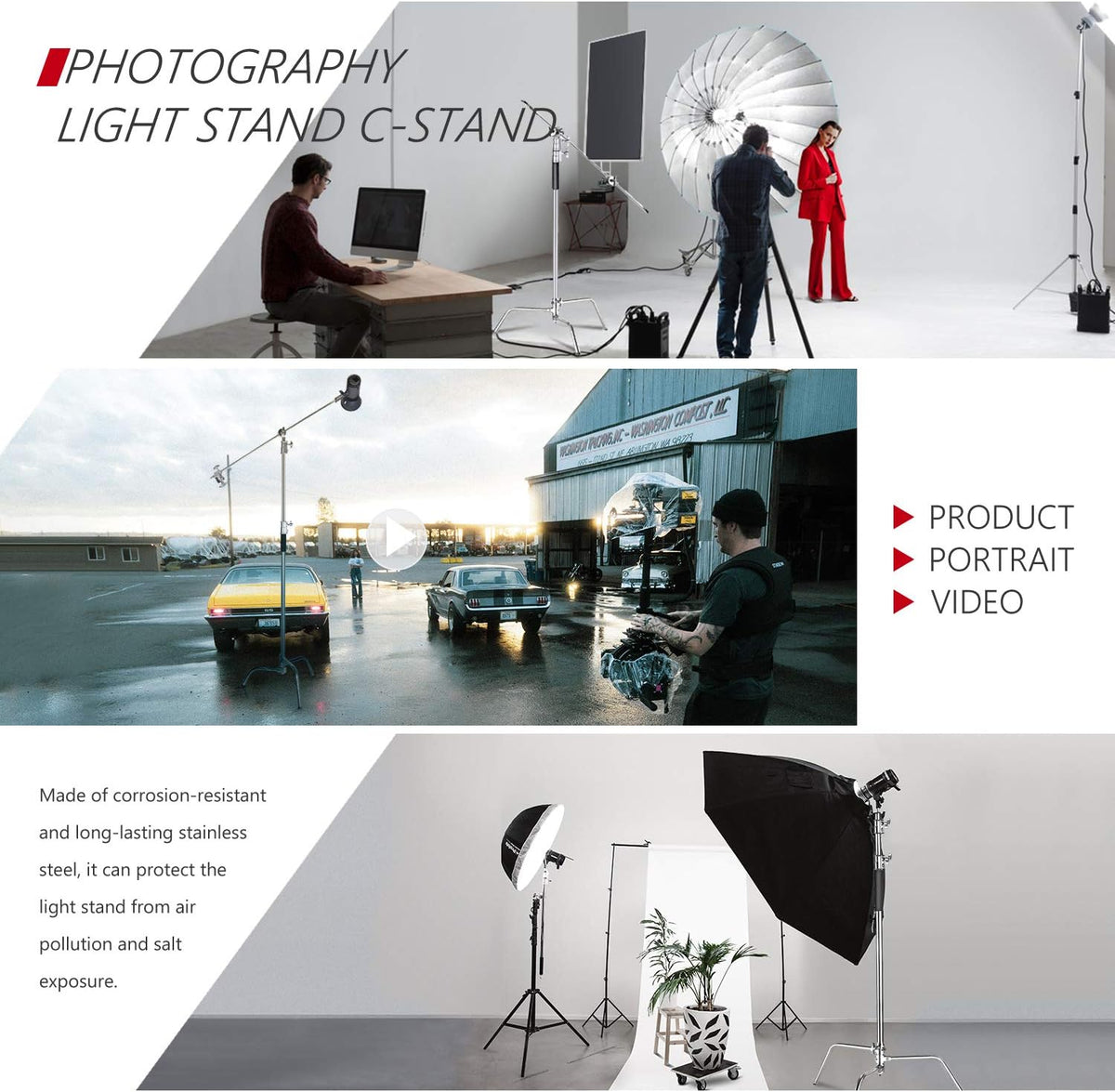 Neewer 10 Feet/3 Meters Adjustable C-Stand Light Stand with 4 Feet/1.2 Meters Extension Boom Arm, 2 Pieces Grip Head and Carry Bag for Photography Studio Video Reflector, Umbrella, Monolight, etc