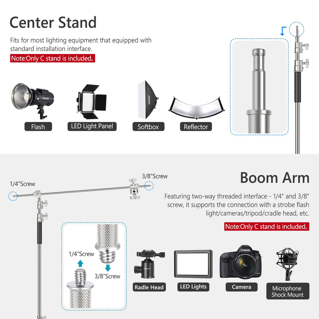 Neewer 10 Feet/3 Meters Adjustable C-Stand Light Stand with 4 Feet/1.2 Meters Extension Boom Arm, 2 Pieces Grip Head and Carry Bag for Photography Studio Video Reflector, Umbrella, Monolight, etc
