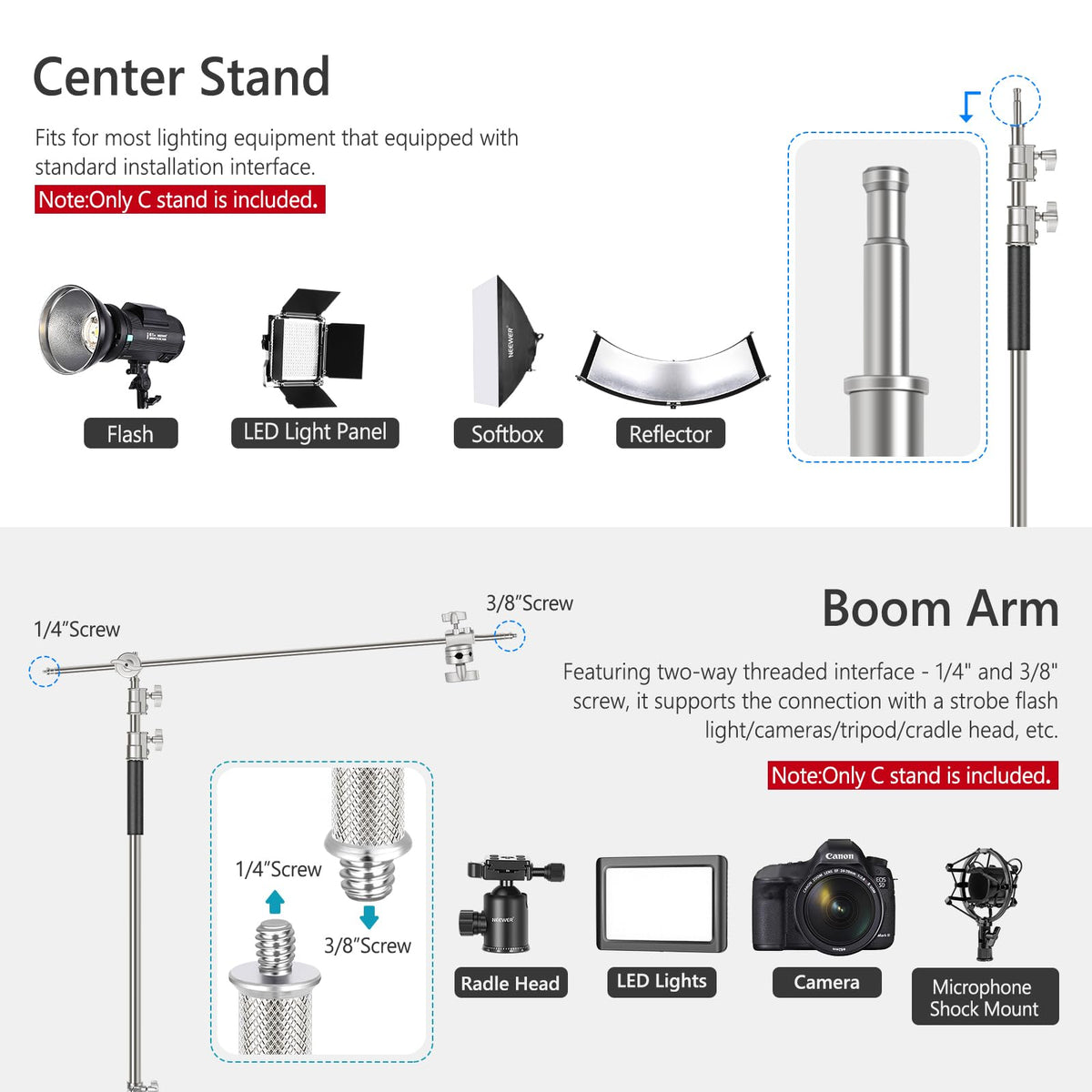 Neewer 10 Feet/3 Meters Adjustable C-Stand Light Stand with 4 Feet/1.2 Meters Extension Boom Arm, 2 Pieces Grip Head and Carry Bag for Photography Studio Video Reflector, Umbrella, Monolight, etc