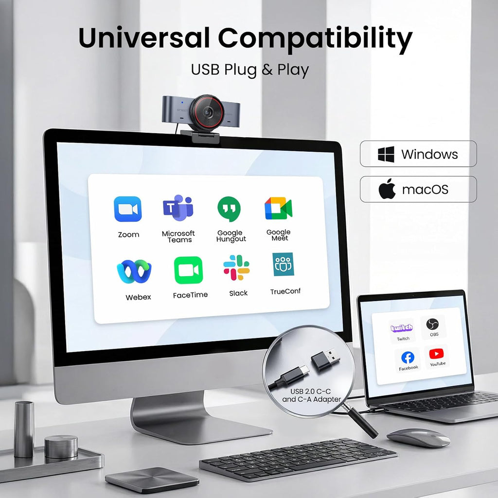 EMEET C960 Ultra 4K Webcam for Mac & PC, 1/1.5" Large Sensor, Metal Body