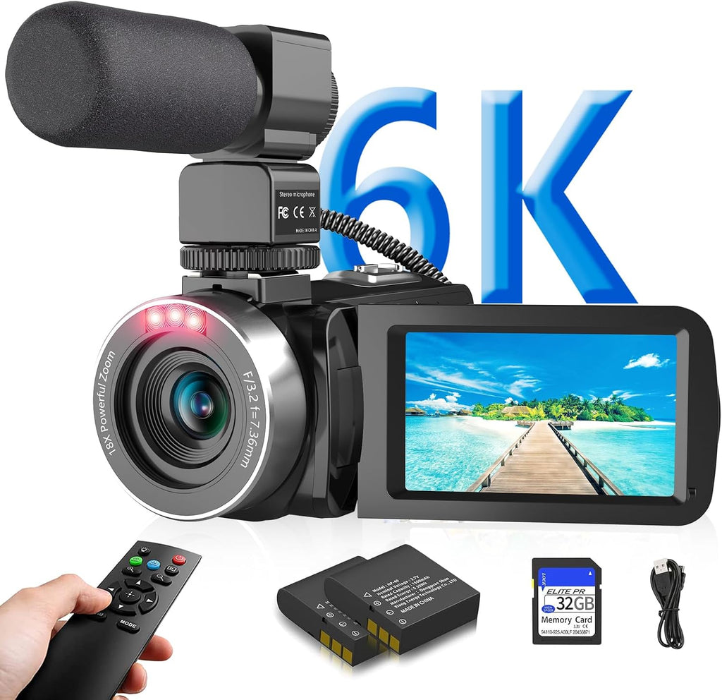 Video Camera 6K 64MP UHD WiFi Vlogging Cameras for YouTube with 32GB Card
