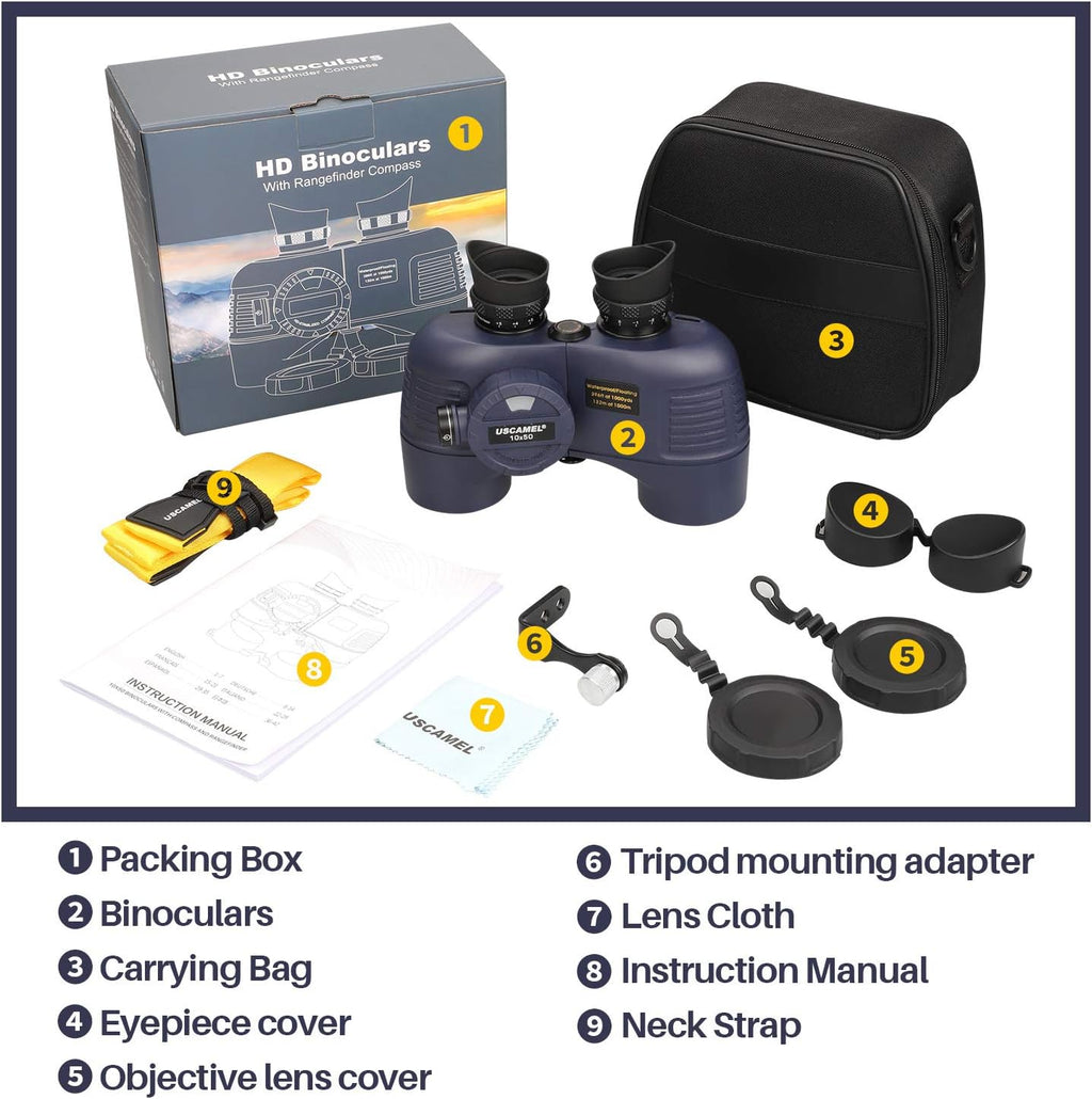 Marine Binoculars 10x50 Waterproof with Compass Rangefinder BAK4 for Adults