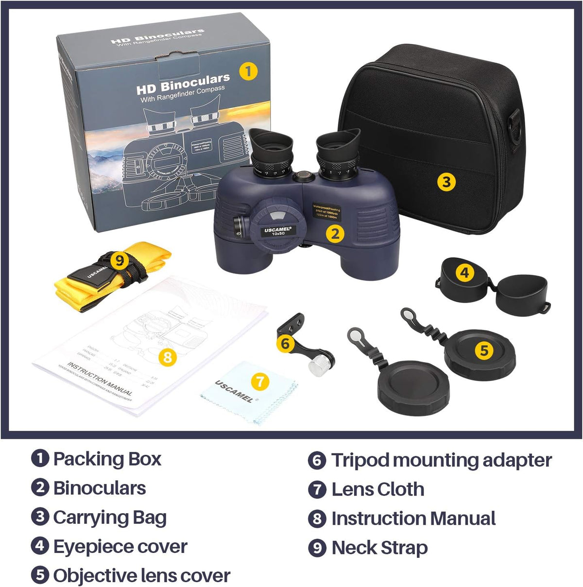 Marine Binoculars 10x50 Waterproof with Compass Rangefinder BAK4 for Adults