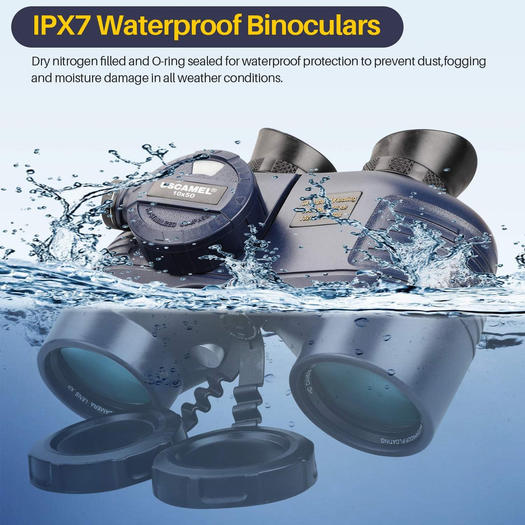 Marine Binoculars 10x50 Waterproof with Compass Rangefinder BAK4 for Adults