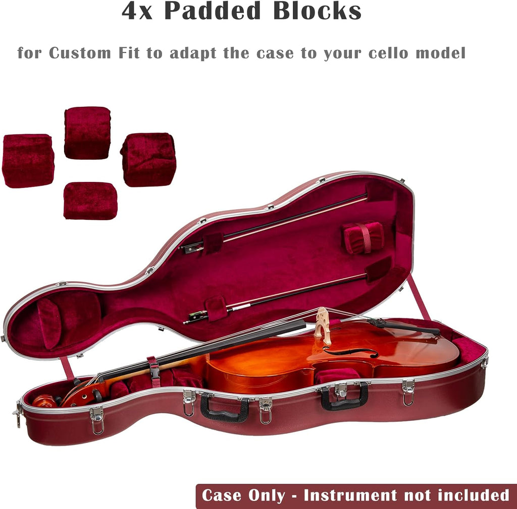 Crossrock ABS Cello Case for 4/4 & 3/4 Size | Wine Red Velvet Interior, Molded Hardshell with Wheels, Lock, Dual Bow Holders & Backpack Straps-Dark Red (CRA862CEFDR)
