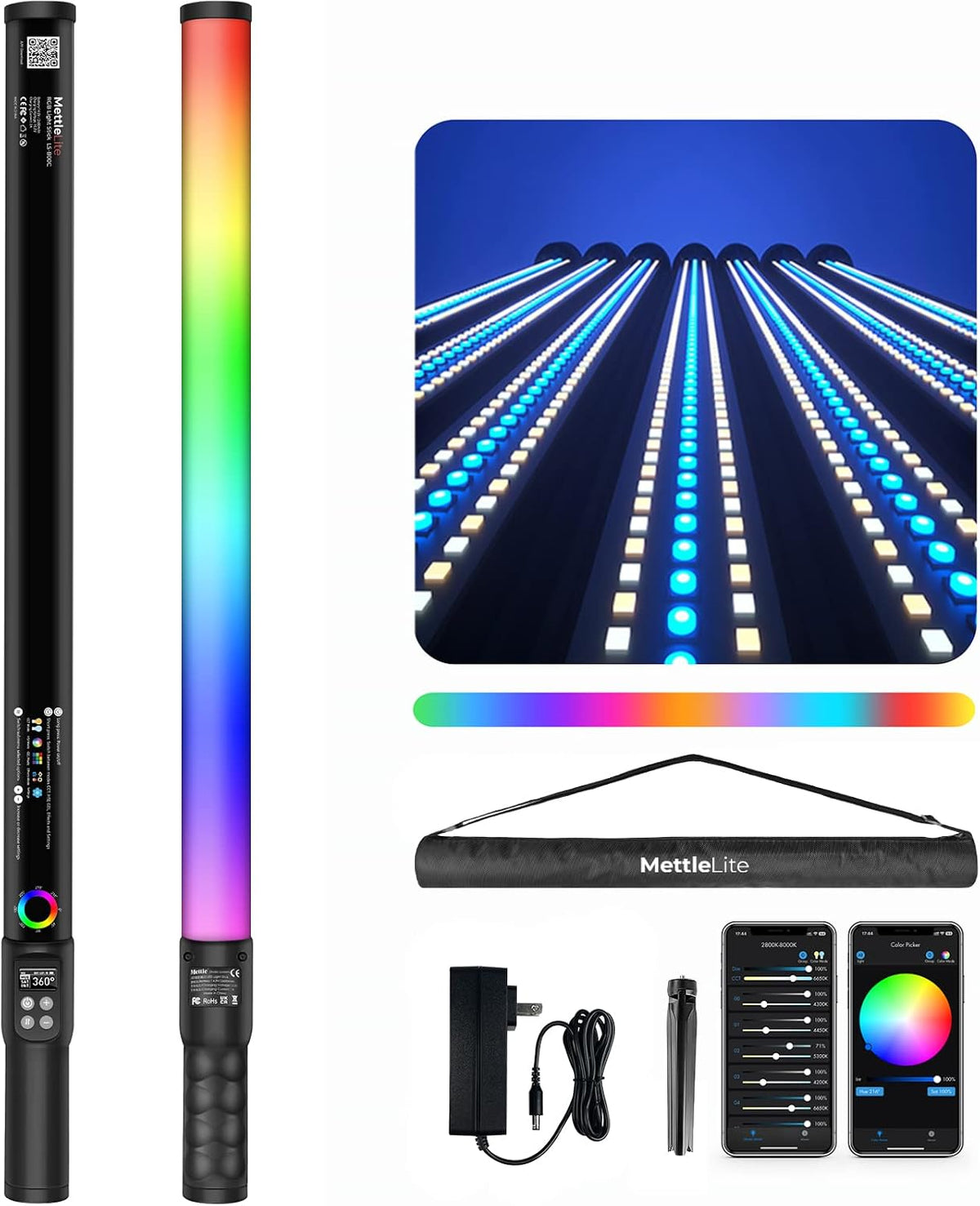 Mettlelite LS800C RGB LED Light Stick Full Color Continuous Output Video Light 3.2 ft with APP Control 2800K-8000K CRI96 TLCI 97 RGB CCT HSI Light Effects Built in Rechargeable Battery