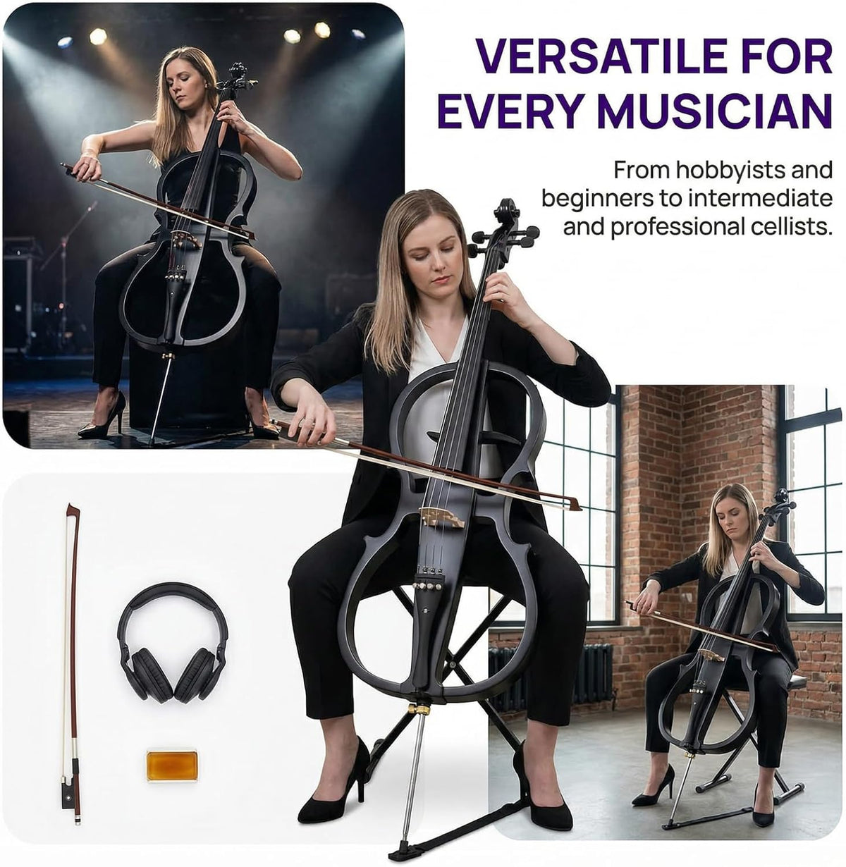 Electric Cello 4/4 Full Size Ebony Fittings with Lightweight Cello Bag, Headphones, Bow, Bridge, Rosin, Cello for Beginners Adults(Metallic Black)