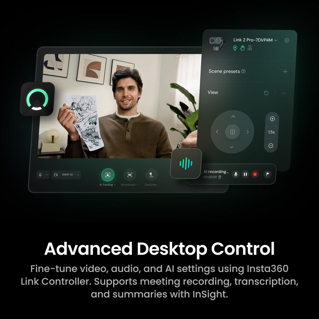 Insta360 Link 2 Pro â 4K PTZ Webcam for PC/Mac, 1/1.3â Sensor, Low-Light, AI Tracking, HDR, Directional Noise-Canceling Mics, Supports Stream Deck, Zoom, Teams, Twitch for Streaming or Meetings