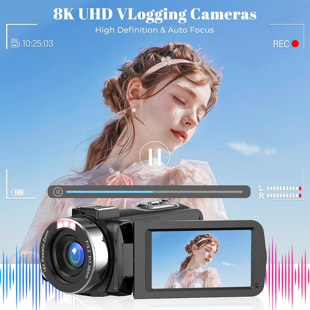 8K Video Camera 48MP UHD WiFi Vlogging Cameras for YouTube with 32GB Card