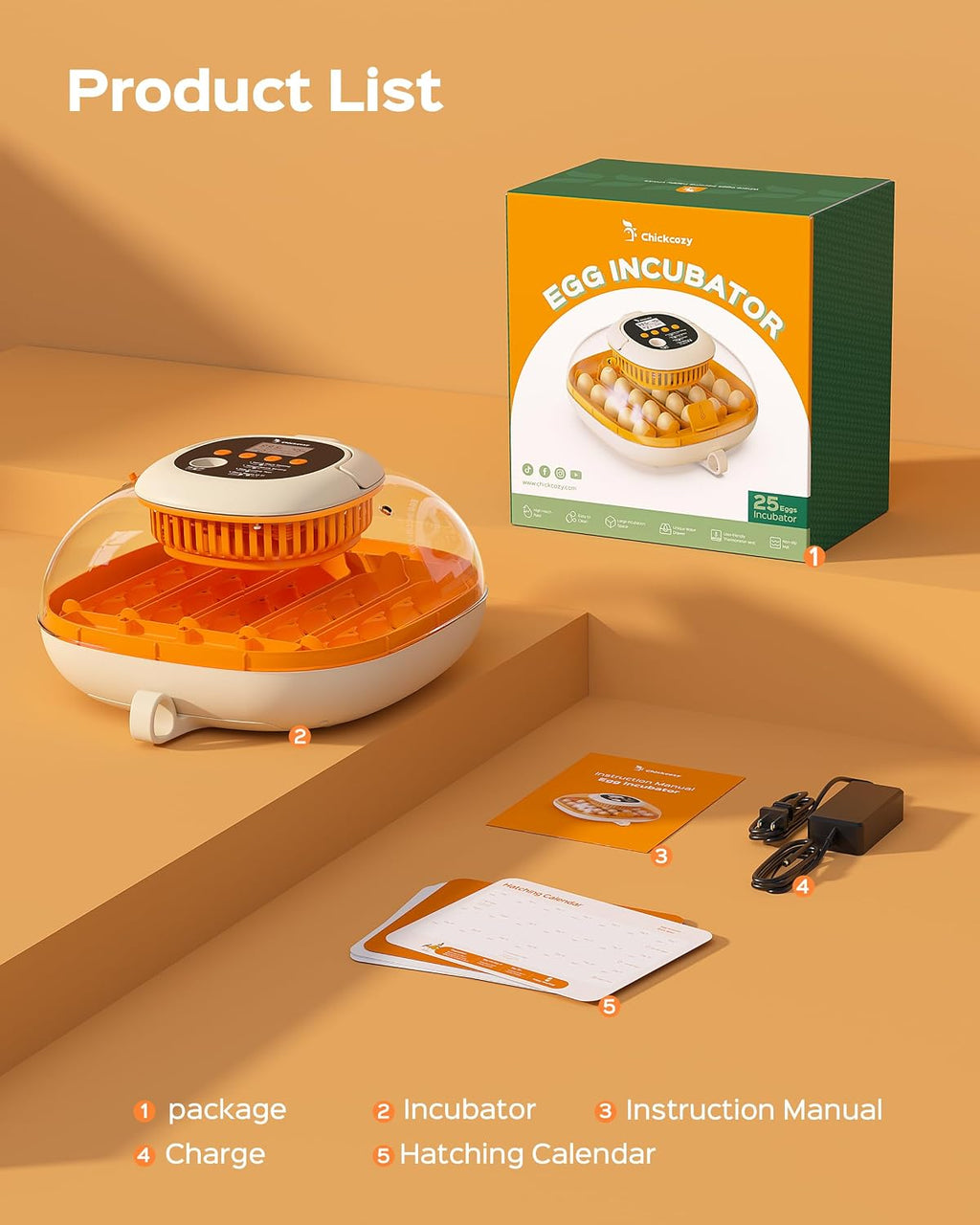Chickcozy 25 Egg Incubator, Automatic Egg Turner with Thermometer Seat and Humidity Control, Egg Candler, 360Â° View with Clear Window, Incubators for Hatching Chicks (Sunlit Orange)