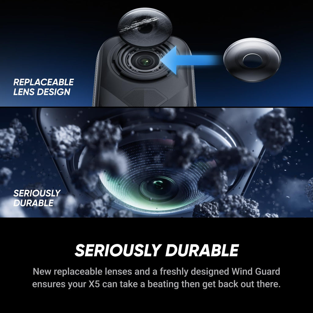 Insta360 X5 - Waterproof 8K 360Â° Action Camera, Leading Low Light, Invisible Selfie Stick Effect, Rugged and Replaceable Lens, 3-Hour Battery, Built-in Wind Guard, Stabilization, Triple AI Chip Design