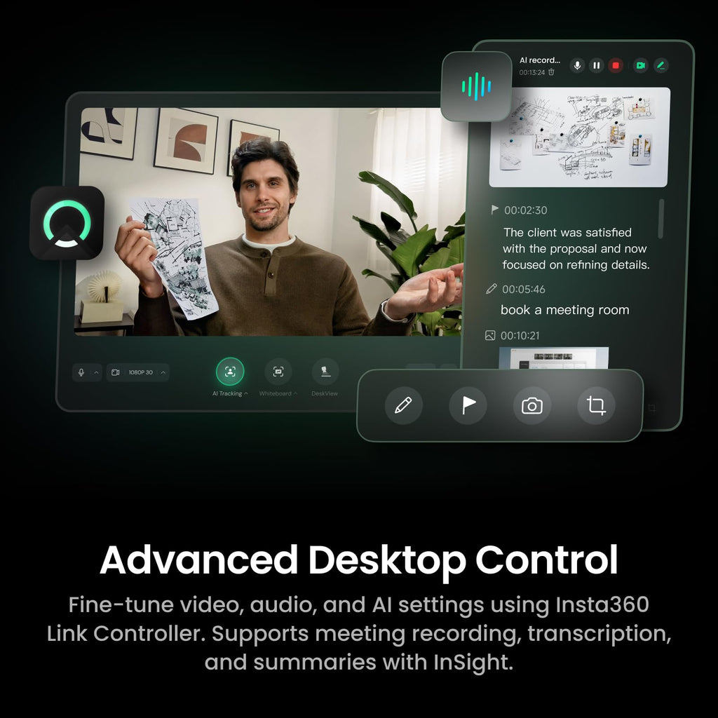 Insta360 Link 2C Pro â 4K Webcam for PC/Mac, 1/1.3â Sensor, Low-Light, Auto Framing, HDR, Directional Noise-Canceling Mics, Supports Stream Deck, Zoom, Teams, Twitch for Streaming or Meetings