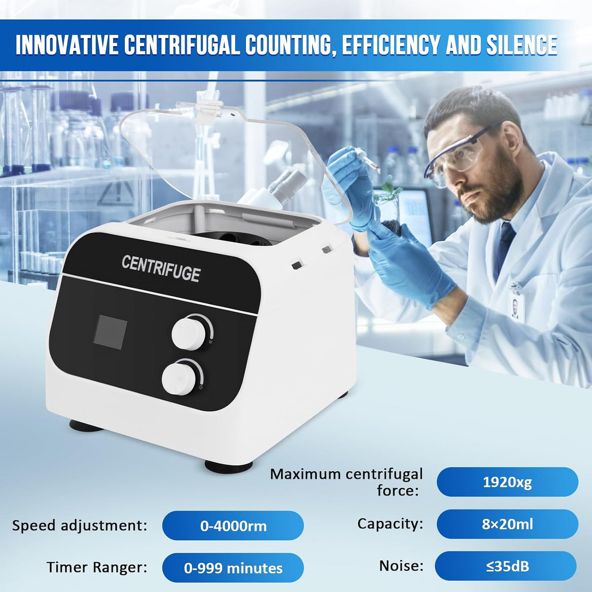 JIAWANSHUN Lab Benchtop PRP Centrifuge, 8x20mL 4000RPM LCD Display 110V