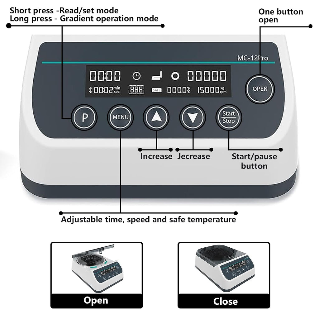 Digital Centrifuge Machine, 12000rpm High Speed Glass Tube (12x40mm) Lab Benchtop Centrifuges w/Over Temperature Protection for 0.2/0.5/1.5/2ml with Tubes(Max. 9660xg)