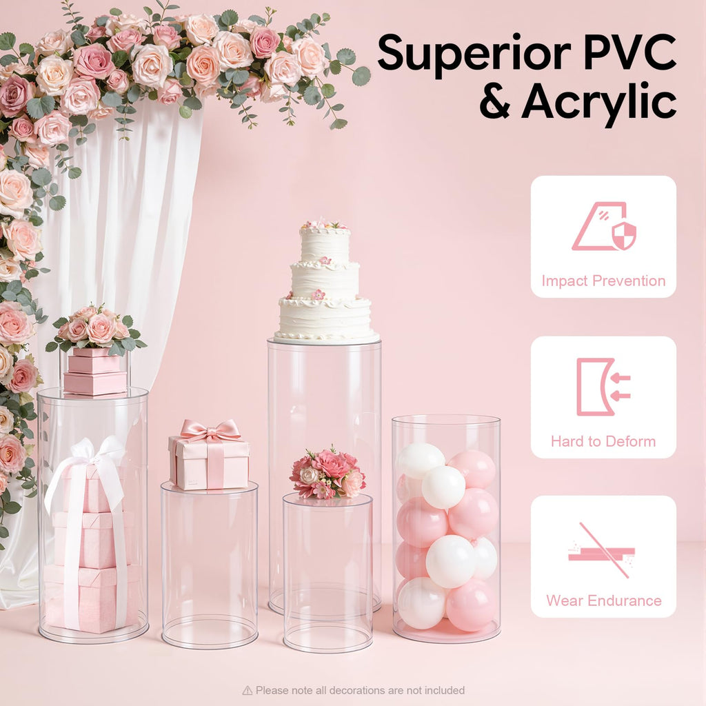 3Pcs Cylinder Pedestal Stand, PVC Acrylic Round Cylinder Stands for Party Decor 23.6 + 29.5 + 35.4 Inch Tall Cylinder Stand Pedestal Display for Birthday Wedding Party, White
