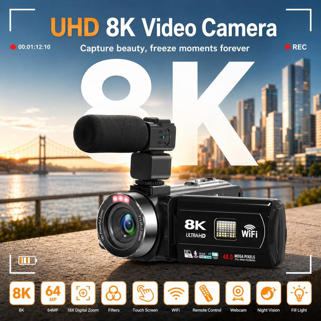 8K Video Camera, 48MP Vlogging Camcorder With IR Night Vision for Youtubers