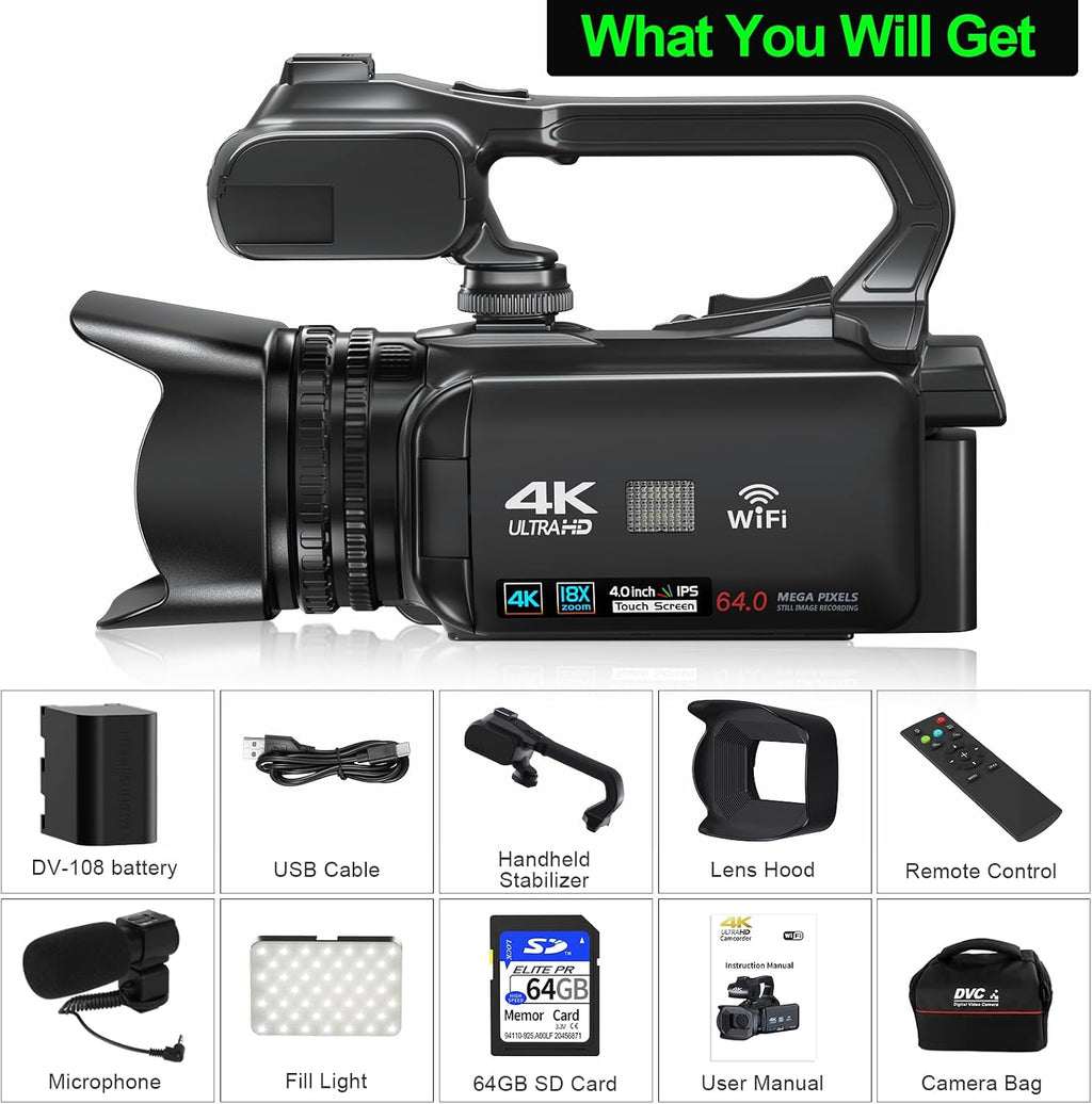 4K Camcorders Video Camera, 64MP Vlogging Camera for YouTube with WiFi