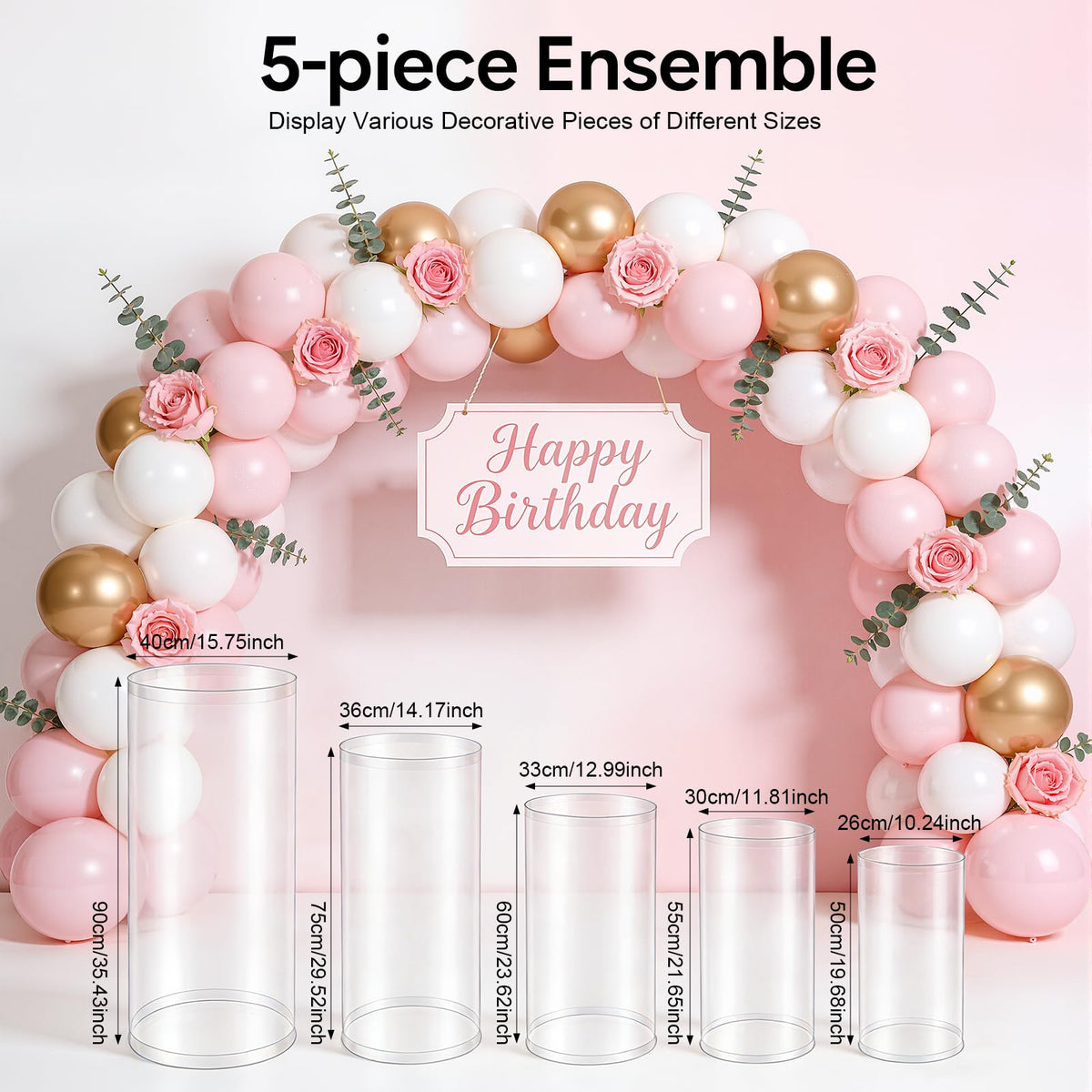 3Pcs Cylinder Pedestal Stand, PVC Acrylic Round Cylinder Stands for Party Decor 23.6 + 29.5 + 35.4 Inch Tall Cylinder Stand Pedestal Display for Birthday Wedding Party, White