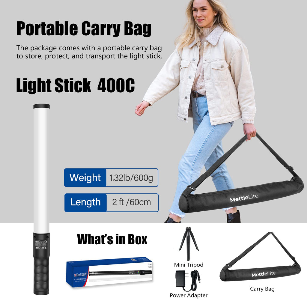 Mettlelite LS800C RGB LED Light Stick Full Color Continuous Output Video Light 3.2 ft with APP Control 2800K-8000K CRI96 TLCI 97 RGB CCT HSI Light Effects Built in Rechargeable Battery