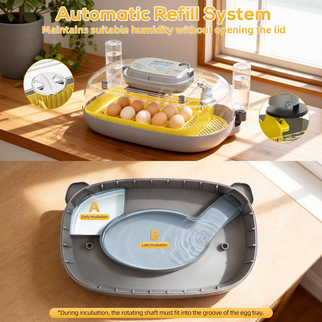 IBKINXX Incubator for Hatching Eggs-48 Egg Capacity, 2026 Newly Upraded Auto Egg Turner & Auto Precision Humidity Control System, 360Â° Clear Viewing for Chicken, Duck and Quail Eggs (Yellow)
