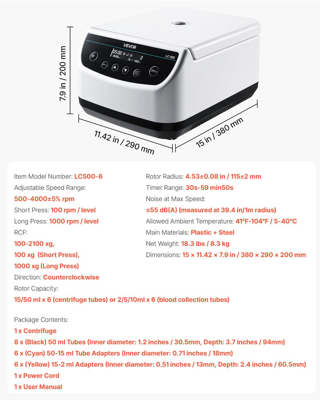 VEVOR Centrifuge Machine, 100-2100xg RCF Electric Laboratory Centrifuge Machine with 1 Rotor for 2/5/10/15/50ml Tube Capacity, Low Speed 500-4000rpm with Timer, Widely Used in Various Experiments