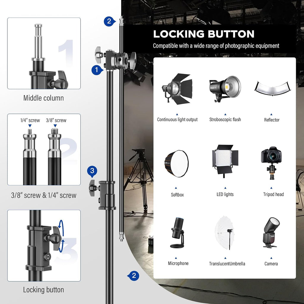2 Pack Stainless Steel Photography Light Stand 6.9ft/210cm with Holding Arm Sandbag Grip Head Heavy Duty C Stand Sturdy for Photography Studio Video Monolight Softbox Shooting?Black?