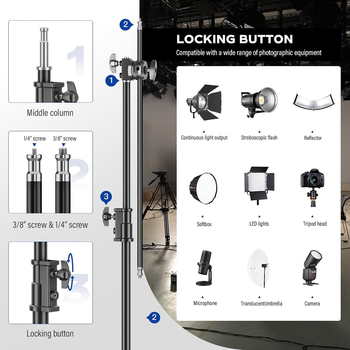 2 Pack Stainless Steel Photography Light Stand 6.9ft/210cm with Holding Arm Sandbag Grip Head Heavy Duty C Stand Sturdy for Photography Studio Video Monolight Softbox Shooting?Black?