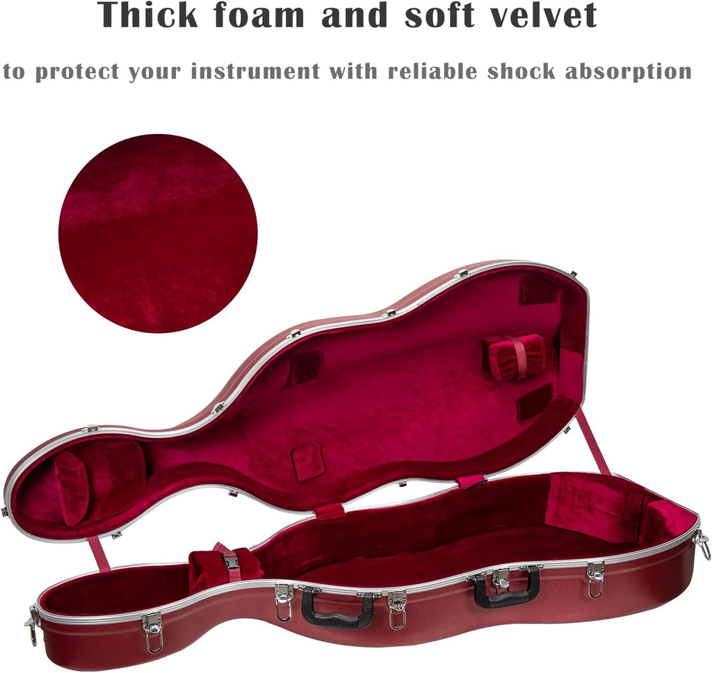 Crossrock ABS Cello Case for 4/4 & 3/4 Size | Wine Red Velvet Interior, Molded Hardshell with Wheels, Lock, Dual Bow Holders & Backpack Straps-Dark Red (CRA862CEFDR)