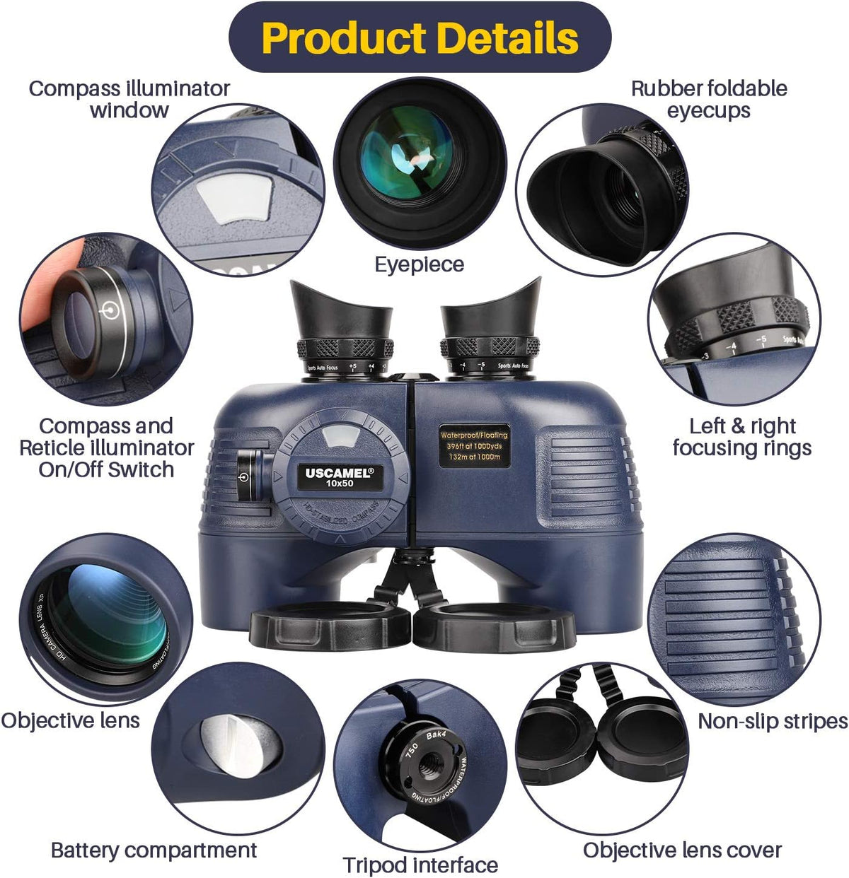 Marine Binoculars 10x50 Waterproof with Compass Rangefinder BAK4 for Adults