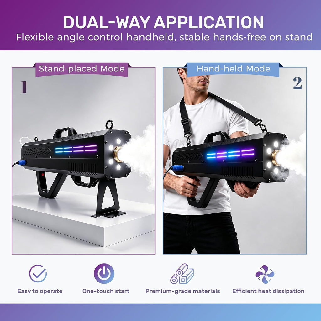 Handheld Fog Machine, Portable Smoke Cannon with LED for Stage