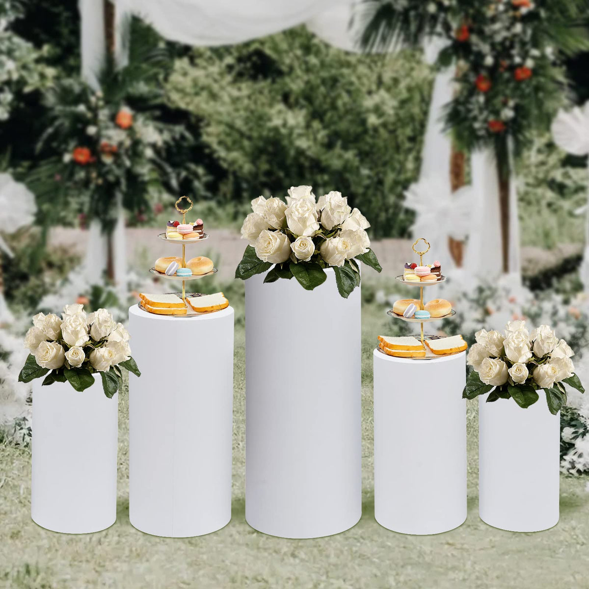 3Pcs Cylinder Pedestal Stand, PVC Acrylic Round Cylinder Stands for Party Decor 23.6 + 29.5 + 35.4 Inch Tall Cylinder Stand Pedestal Display for Birthday Wedding Party, White