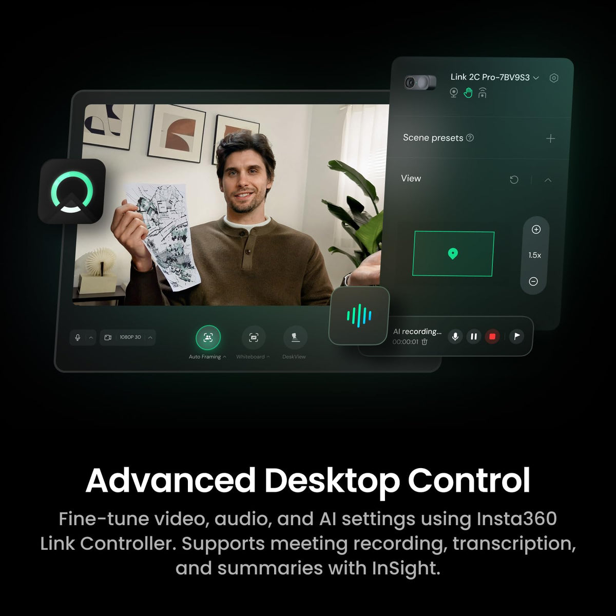 Insta360 Link 2C Pro â 4K Webcam for PC/Mac, 1/1.3â Sensor, Low-Light, Auto Framing, HDR, Directional Noise-Canceling Mics, Supports Stream Deck, Zoom, Teams, Twitch for Streaming or Meetings