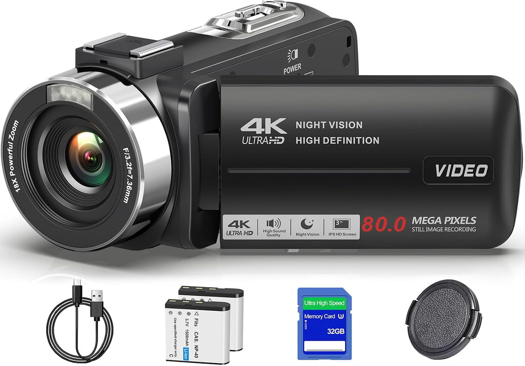 4K 80MP Camcorder Video Camera 18X Zoom Vlogging Camera for YouTube Webcam